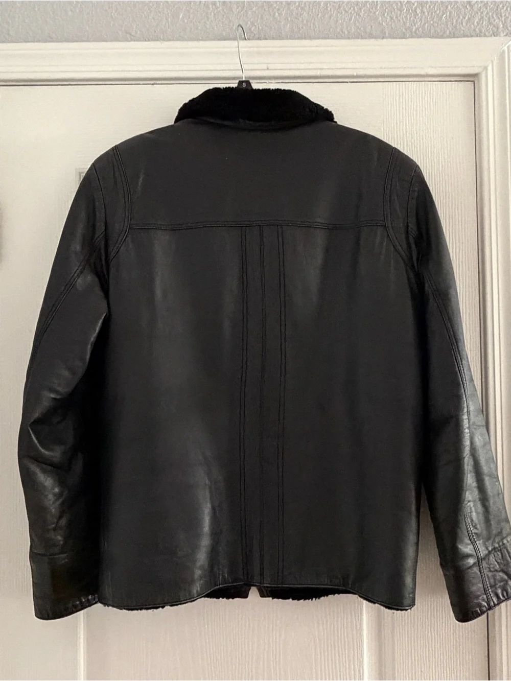 Mens Vintage Distressed Black Leather Shearling Jacket Moto Bomber Fur‎ Collar